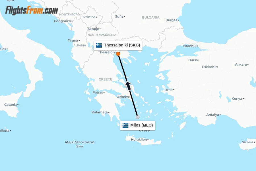 Flights from Milos to Thessaloniki route map