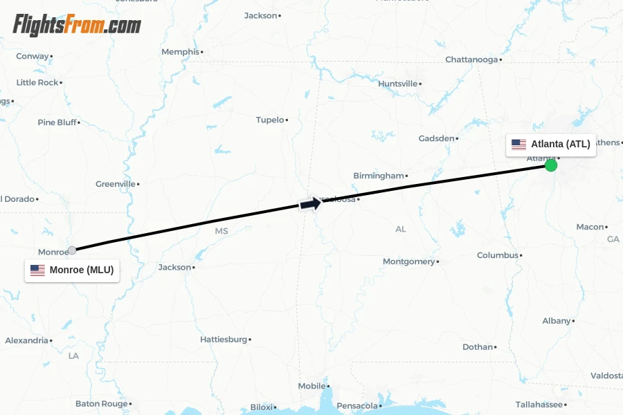Flights from Monroe to Atlanta route map