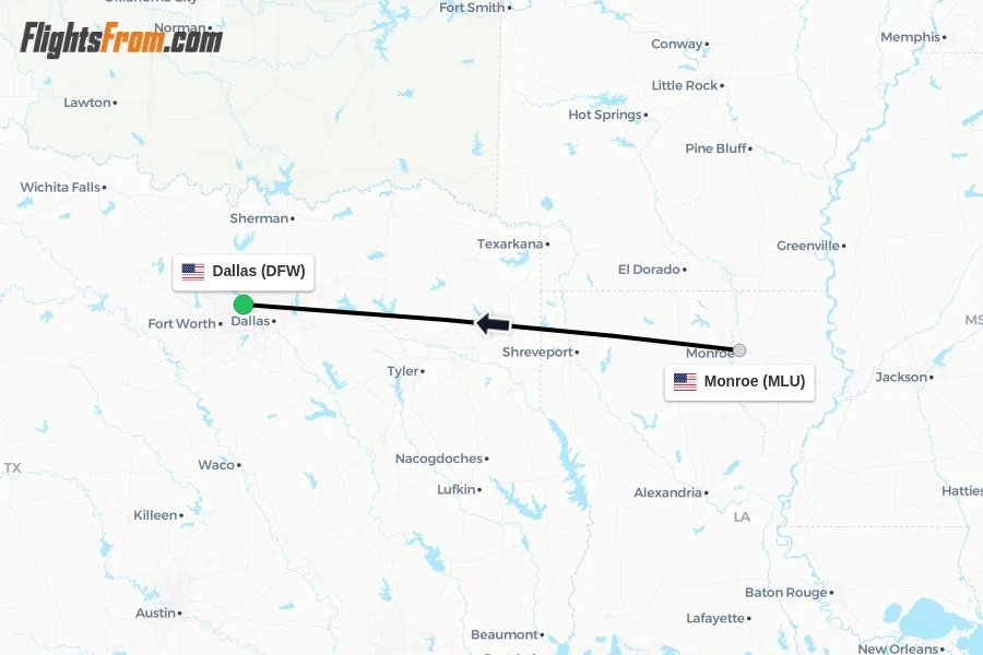 Flights from Monroe to Dallas route map