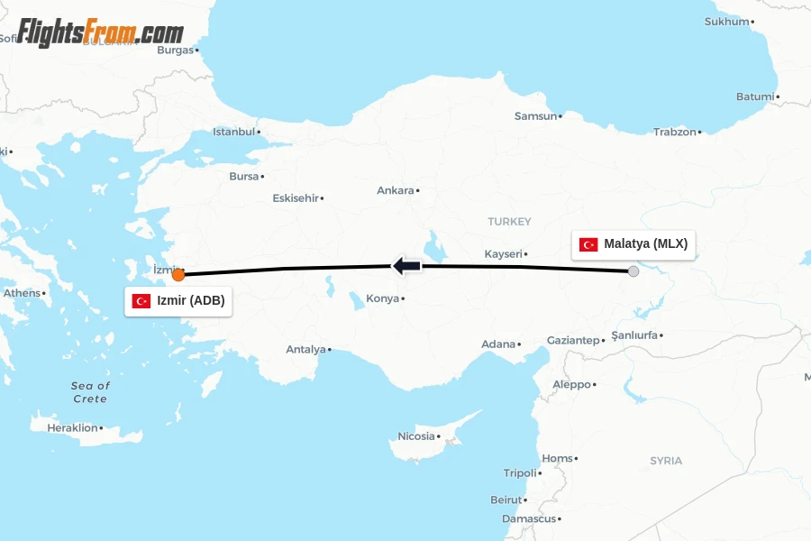 Flights from Malatya to Izmir route map