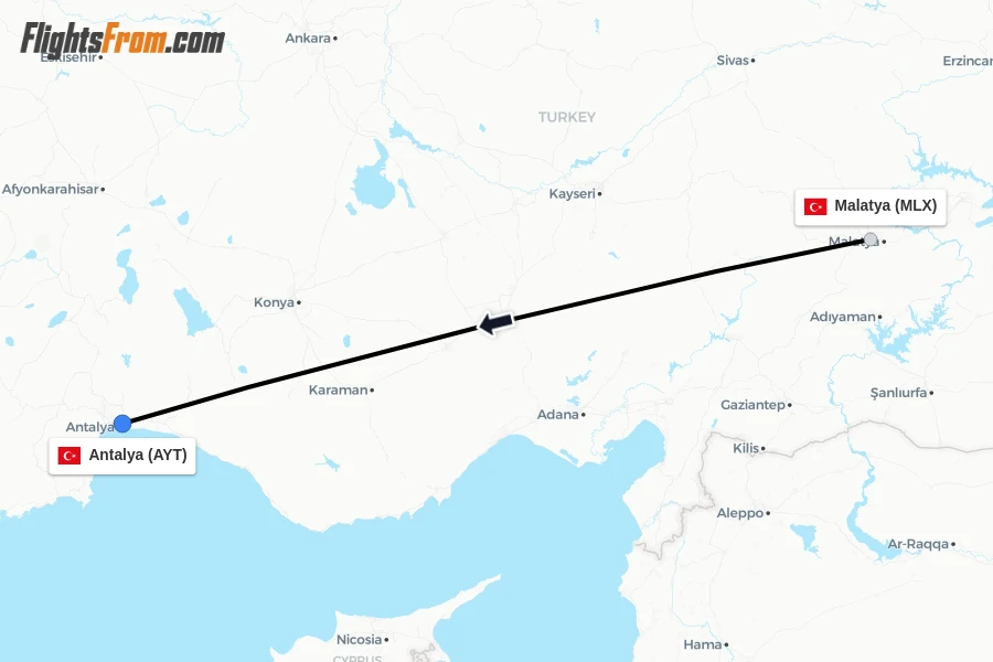 Flights from Malatya to Antalya route map