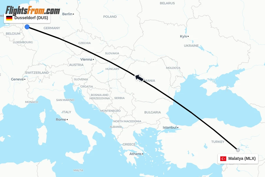 Flights from Malatya to Dusseldorf route map