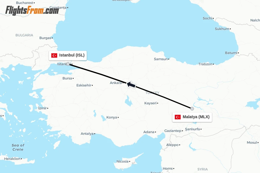 Flights from Malatya to Istanbul route map