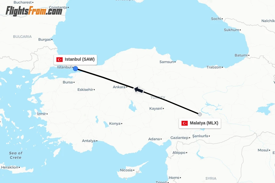 Flights from Malatya to Istanbul route map
