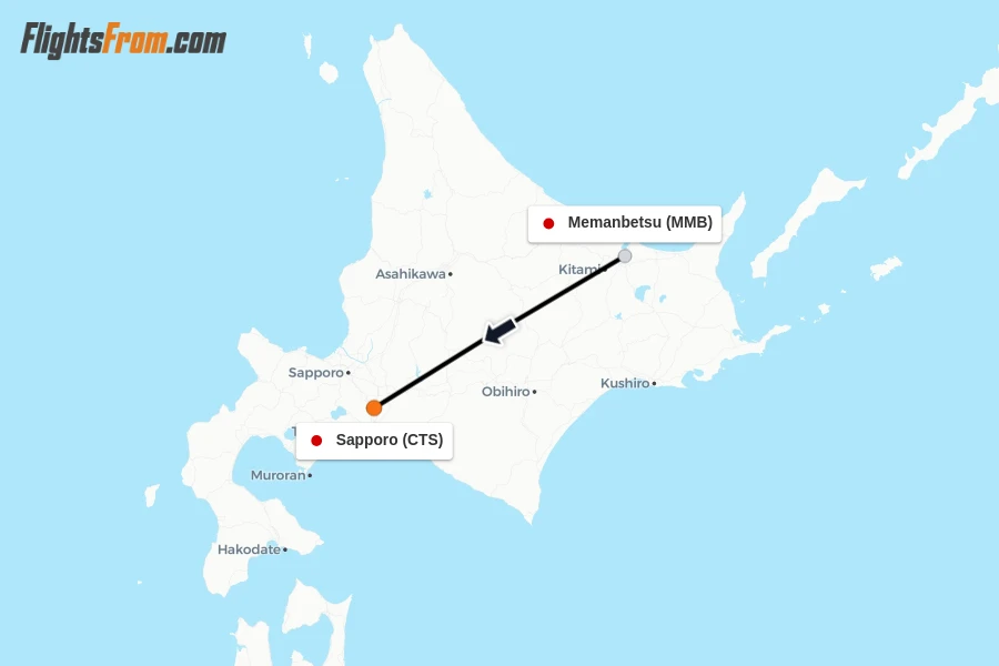 Flights from Memanbetsu to Sapporo route map