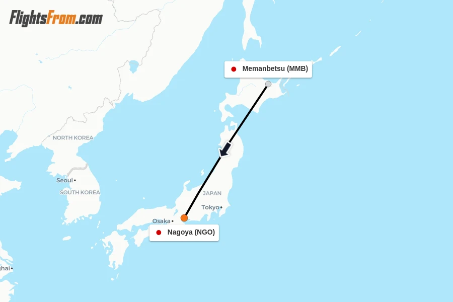 Flights from Memanbetsu to Nagoya route map