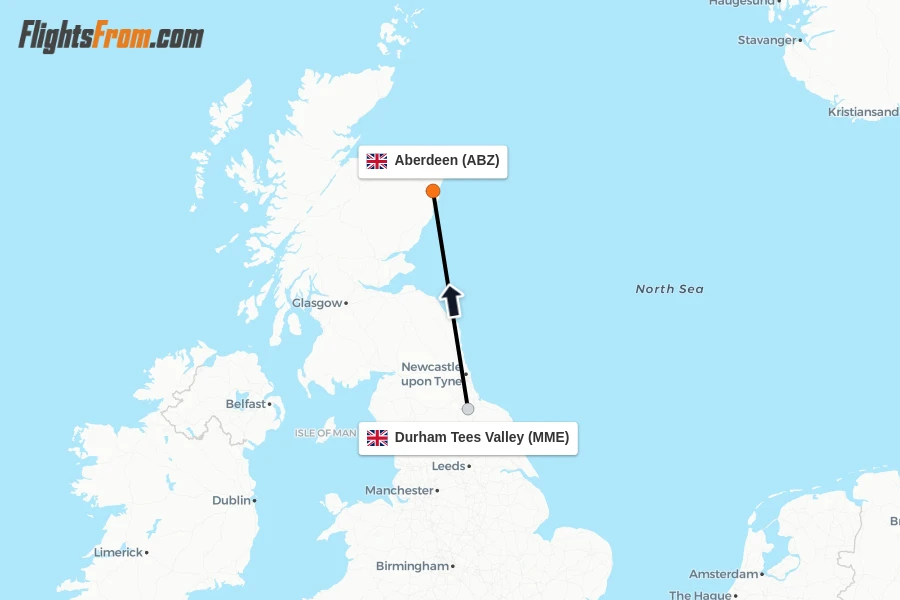 Flights from Durham Tees Valley to Aberdeen route map