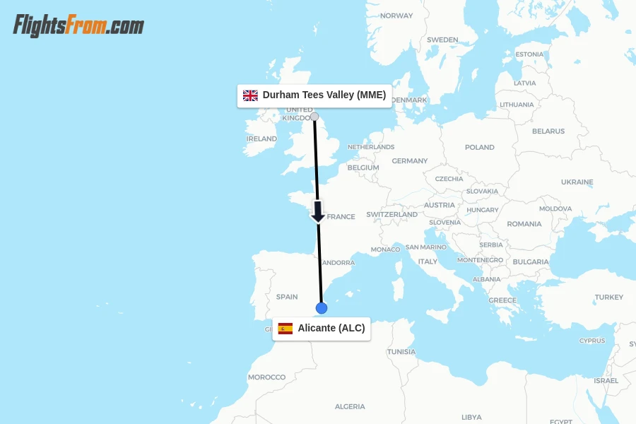 Flights from Durham Tees Valley to Alicante route map