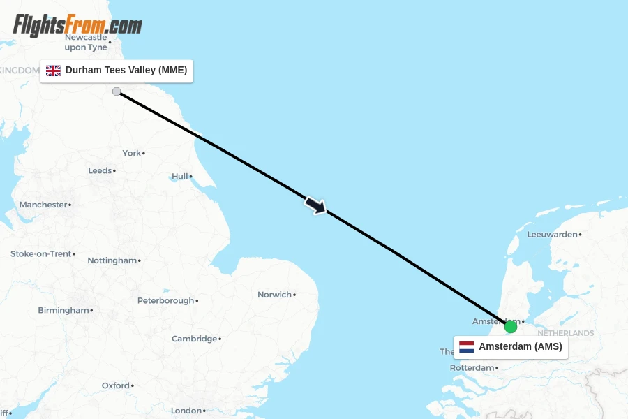 Flights from Durham Tees Valley to Amsterdam route map