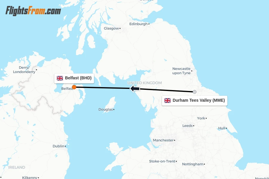 Flights from Durham Tees Valley to Belfast route map