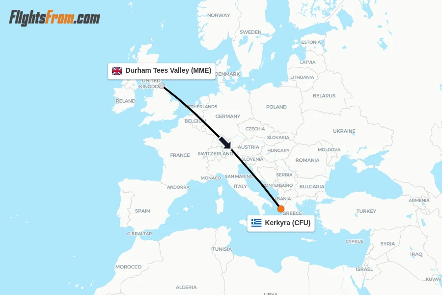 Flights from Durham Tees Valley to Kerkyra route map