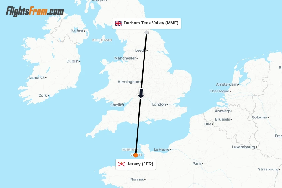 Flights from Durham Tees Valley to Jersey route map