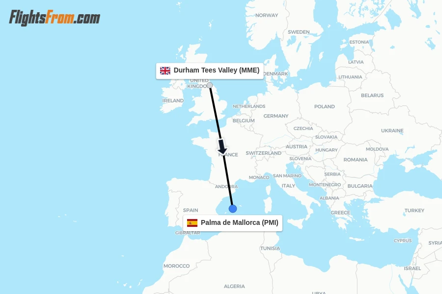 Flights from Durham Tees Valley to Palma de Mallorca route map