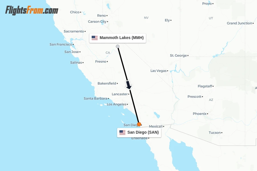 Flights from Mammoth Lakes to San Diego route map
