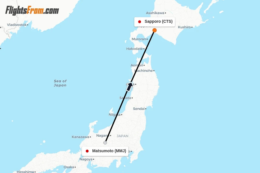 Flights from Matsumoto to Sapporo route map
