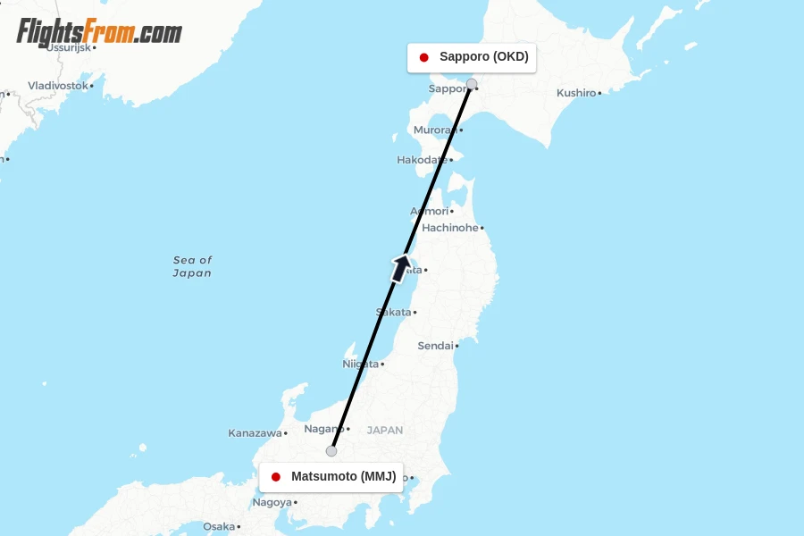 Flights from Matsumoto to Sapporo route map