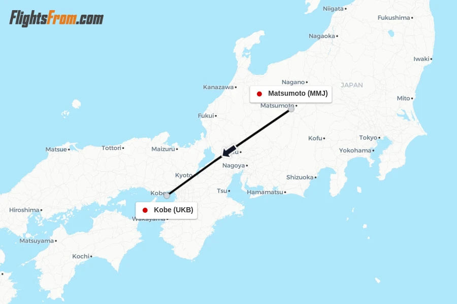 Flights from Matsumoto to Kobe route map