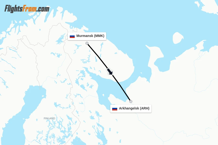 Flights from Murmansk to Arkhangelsk route map