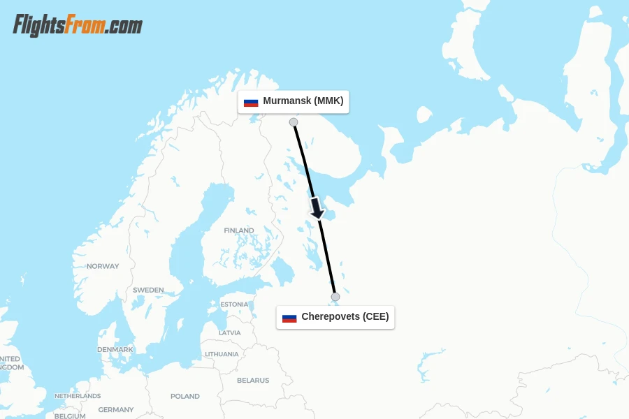 Flights from Murmansk to Cherepovets route map