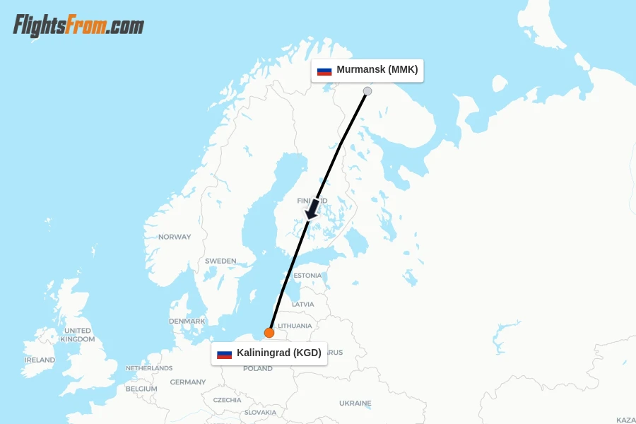Flights from Murmansk to Kaliningrad route map