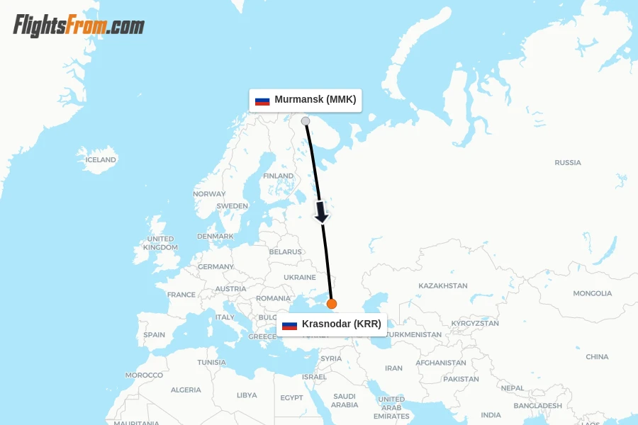 Flights from Murmansk to Krasnodar route map
