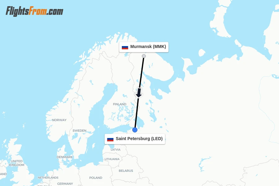 Flights from Murmansk to Saint Petersburg route map