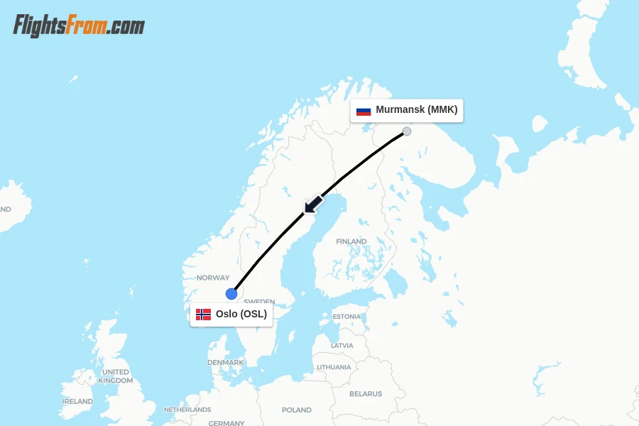 Flights from Murmansk to Oslo route map