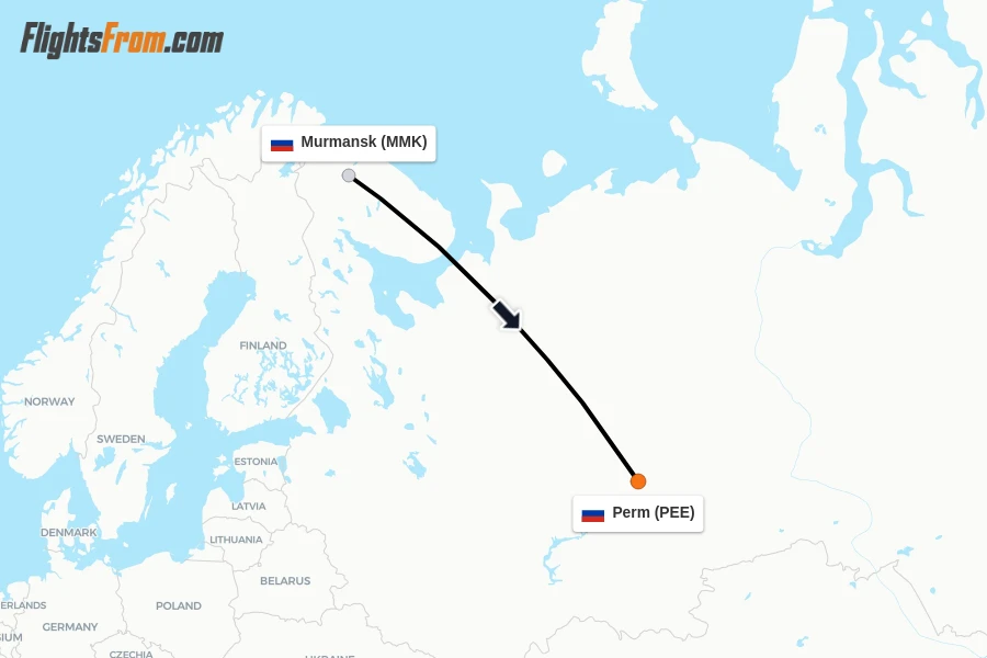 Flights from Murmansk to Perm route map