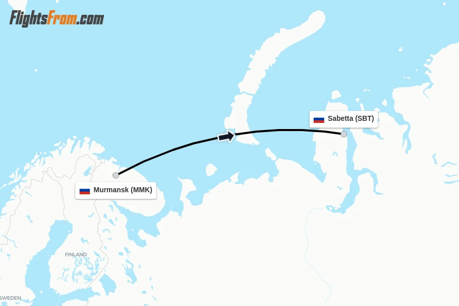 Flights from Murmansk to Sabetta route map