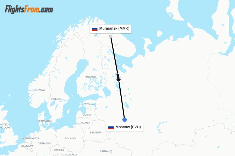 Flights from Murmansk to Moscow route map