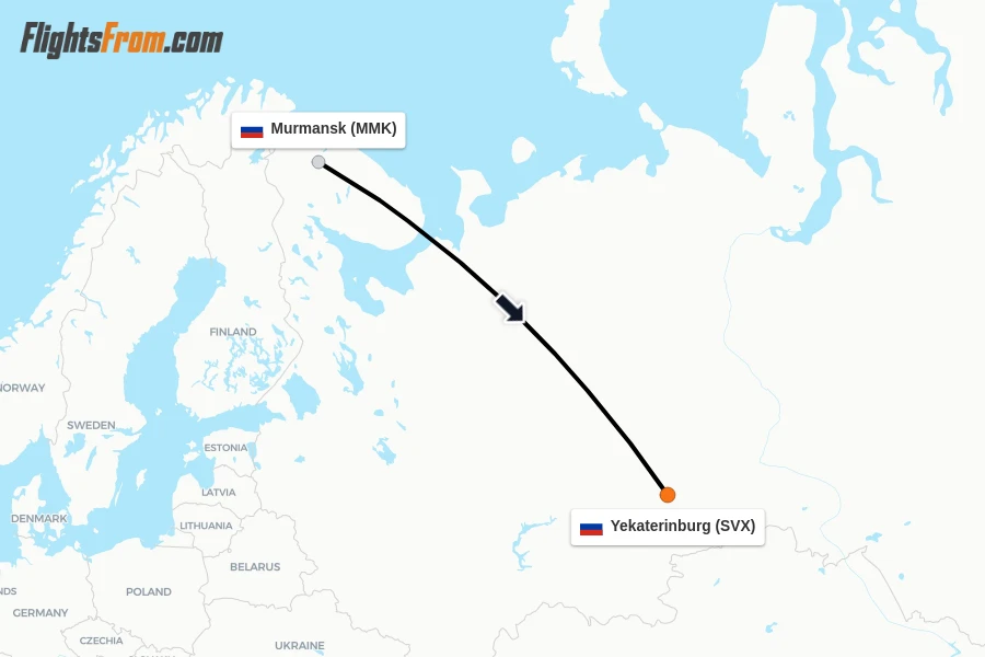 Flights from Murmansk to Yekaterinburg route map