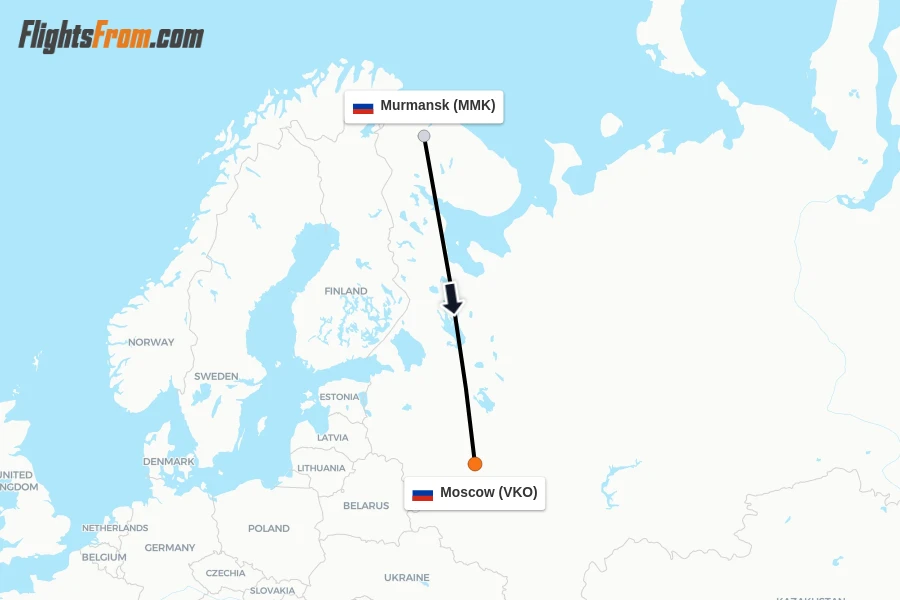 Flights from Murmansk to Moscow route map
