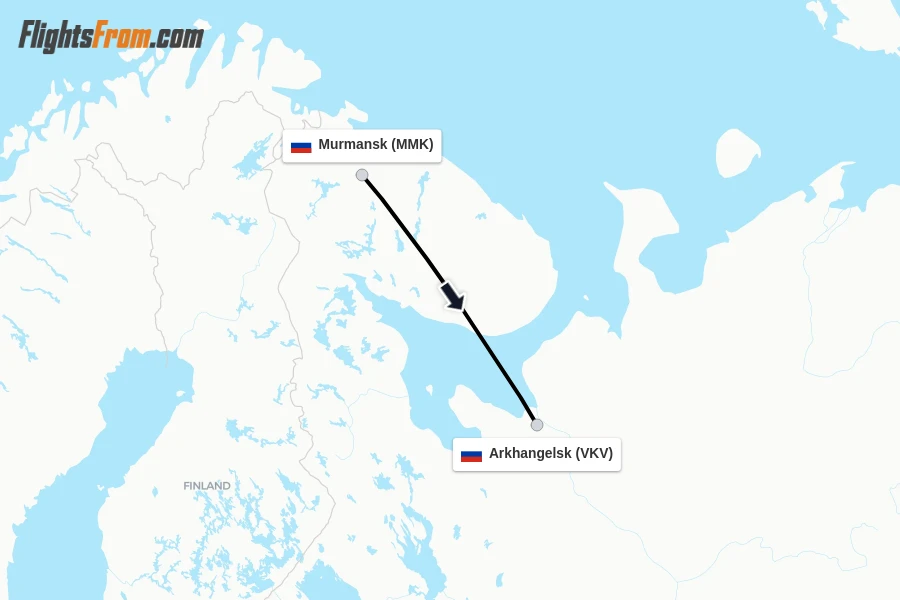 Flights from Murmansk to Arkhangelsk route map