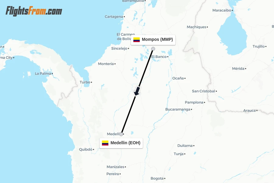 Flights from Mompos to Medellin route map