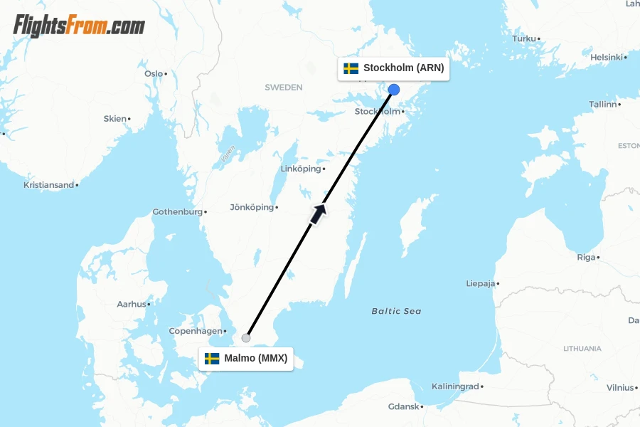 Flights from Malmo to Stockholm route map