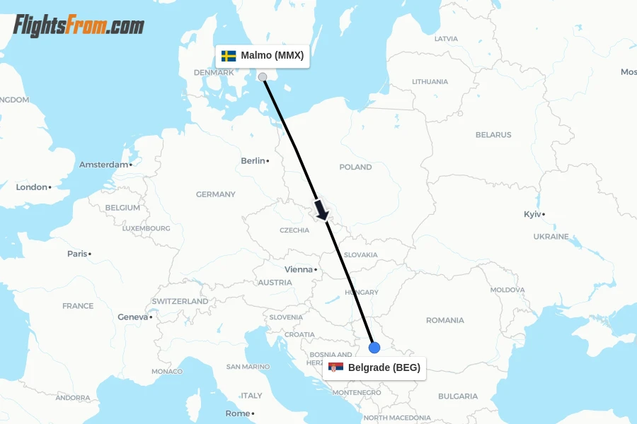 Flights from Malmo to Belgrade route map