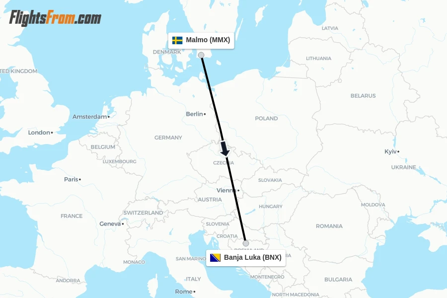 Flights from Malmo to Banja Luka route map