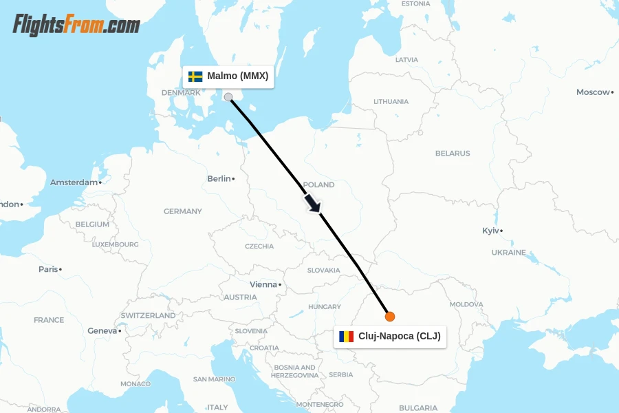 Flights from Malmo to Cluj-Napoca route map