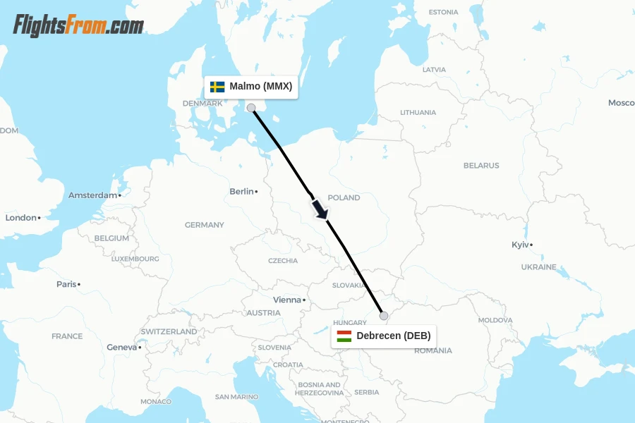 Flights from Malmo to Debrecen route map