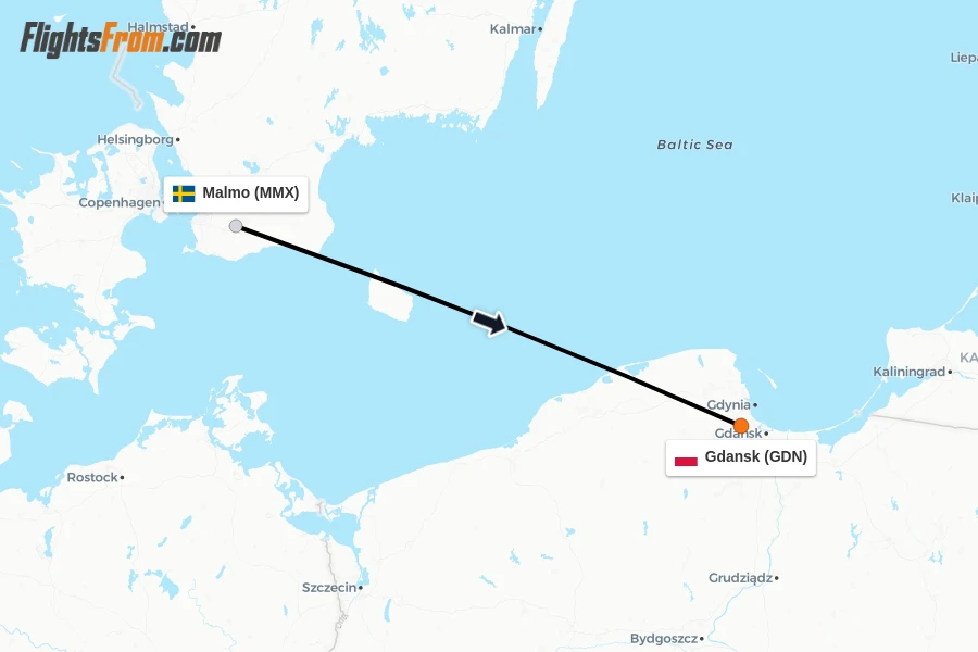 Flights from Malmo to Gdansk route map
