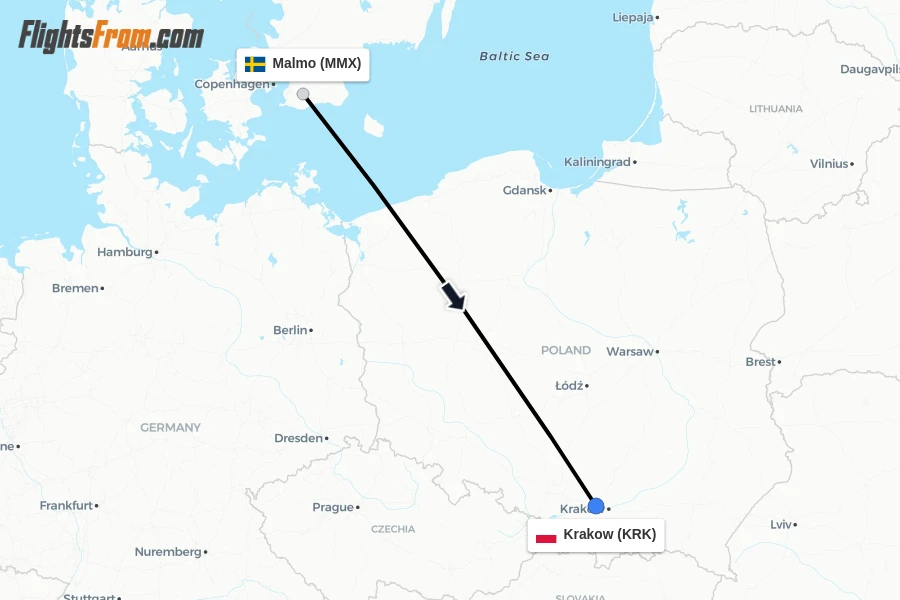 Flights from Malmo to Krakow route map