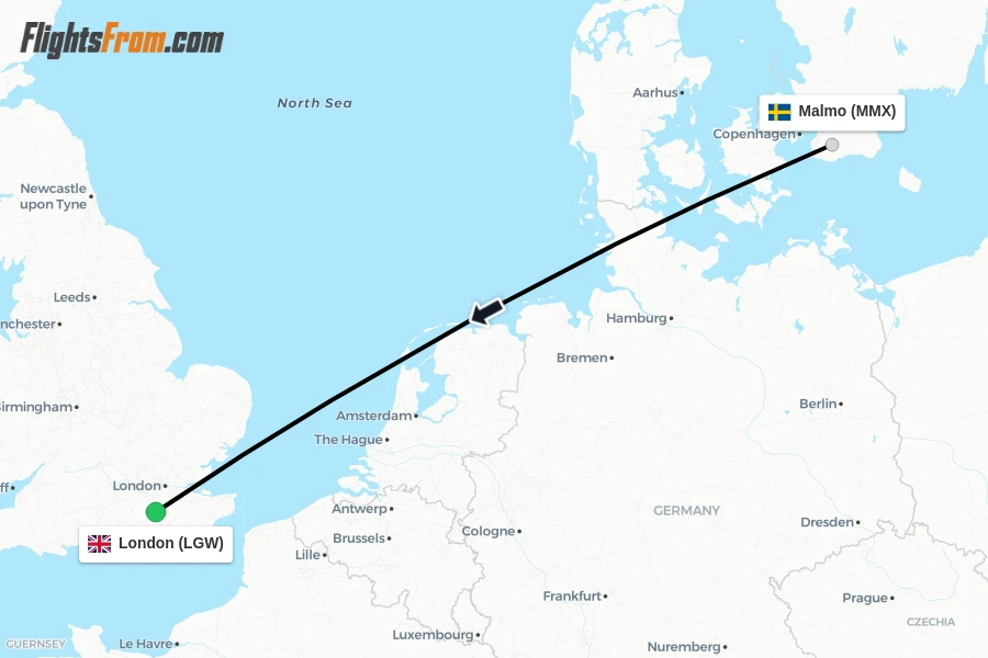Flights from Malmo to London route map