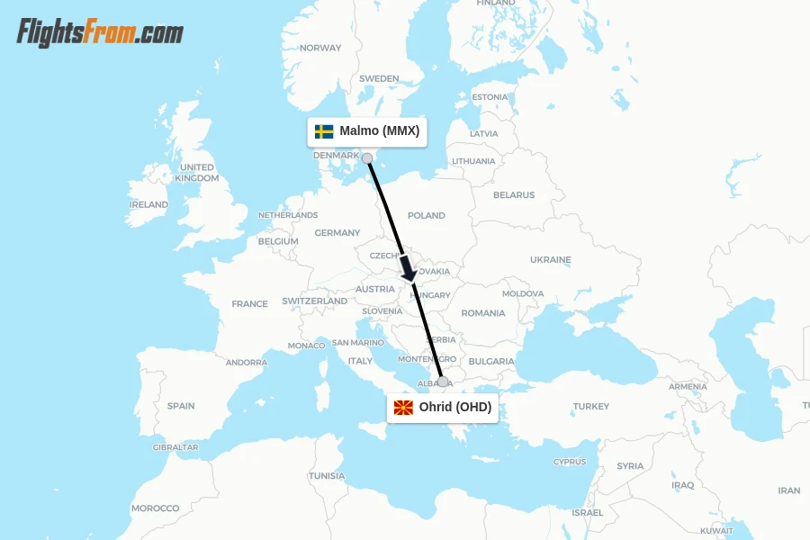 Flights from Malmo to Ohrid route map