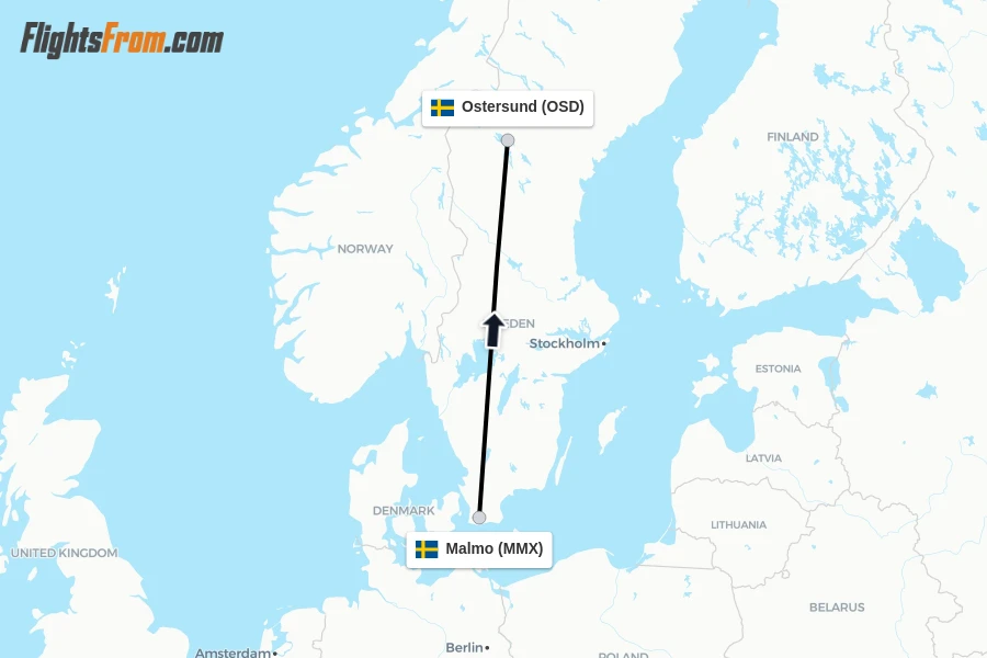 Flights from Malmo to Ostersund route map