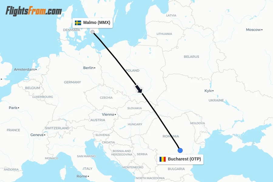 Flights from Malmo to Bucharest route map
