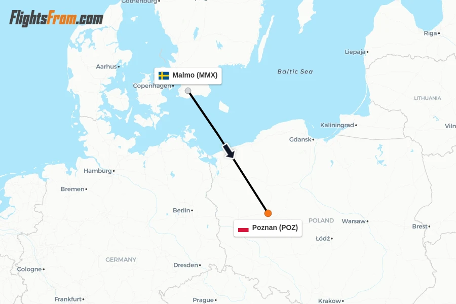 Flights from Malmo to Poznan route map