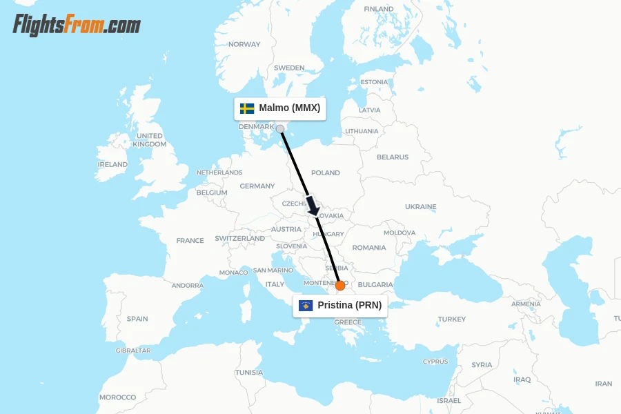 Flights from Malmo to Pristina route map