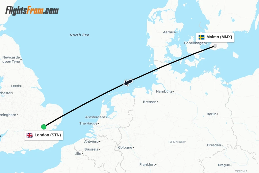 Flights from Malmo to London route map