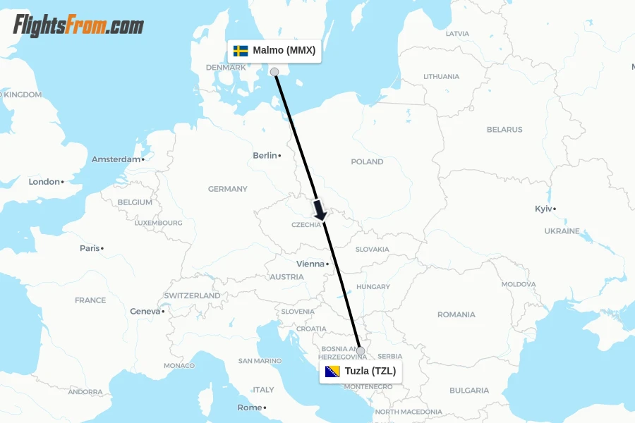 Flights from Malmo to Tuzla route map