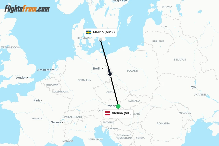 Flights from Malmo to Vienna route map